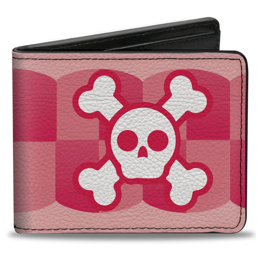 Bi-Fold Wallet - Cute Skulls w Checkers Pinks White