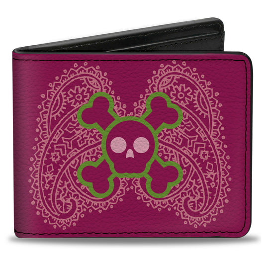 Bi-Fold Wallet - Cute Skulls w Paisley Purple Pink Green