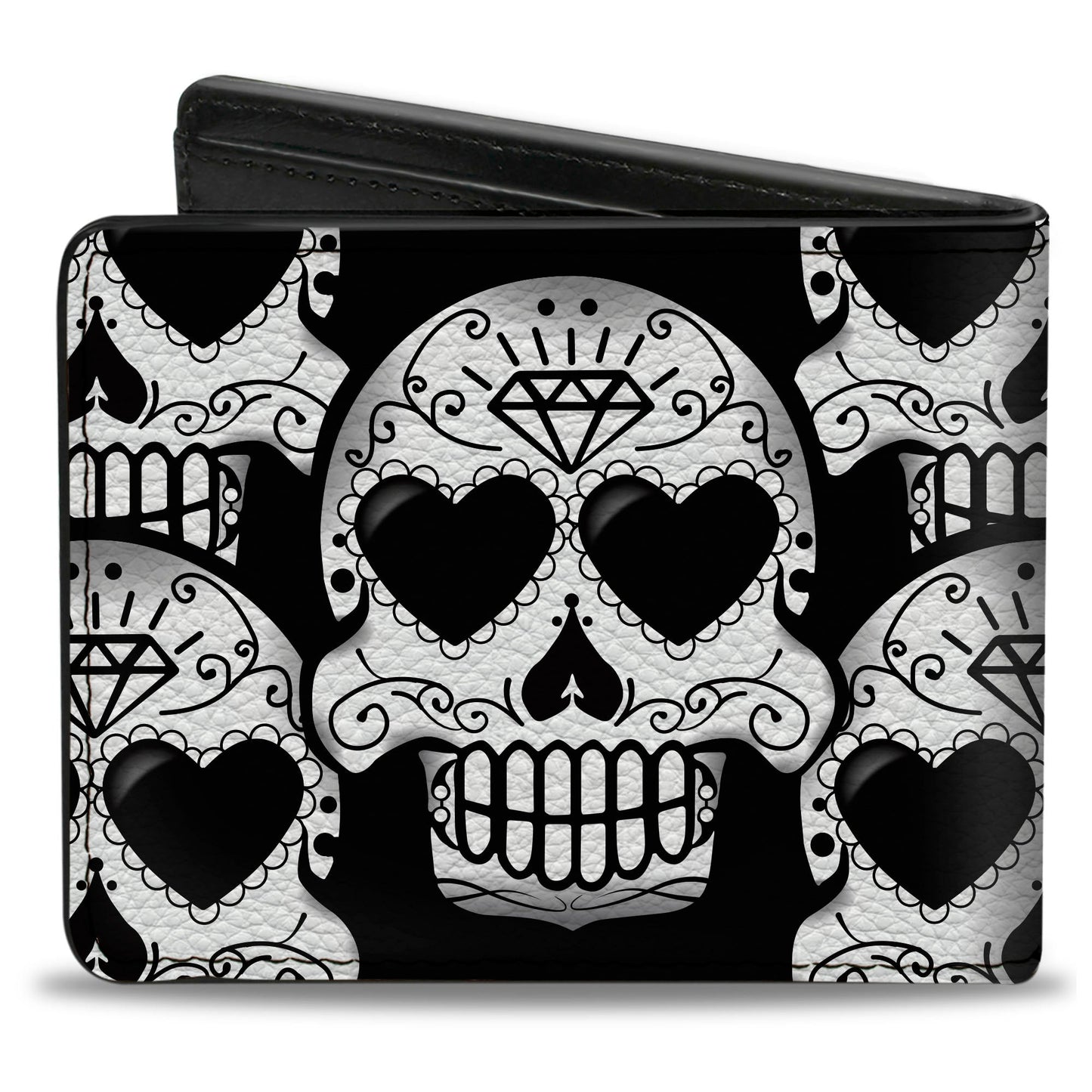 Bi-Fold Wallet - Diamond Sugar Skull Stacked Black Silver Fade White
