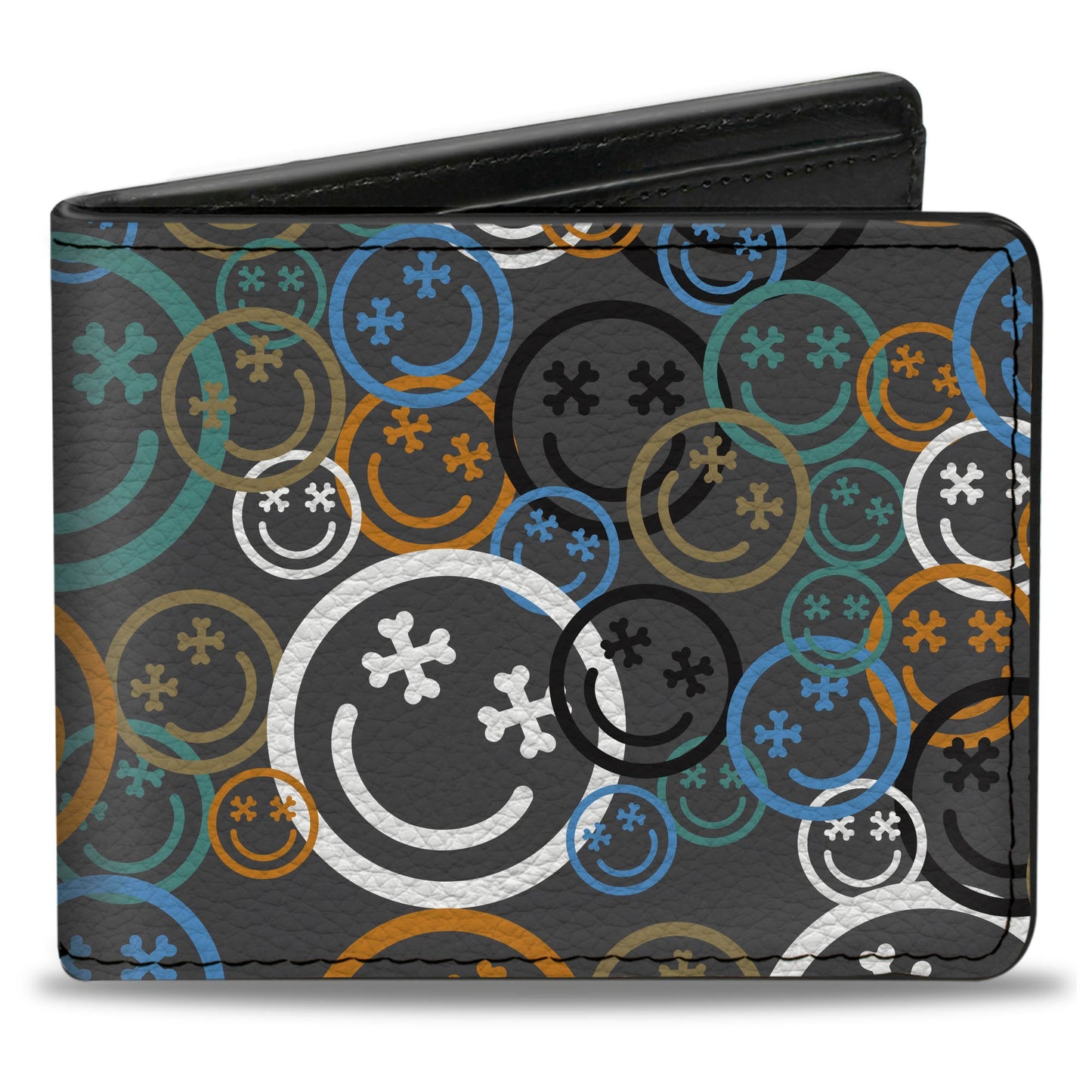 Bi-Fold Wallet - Smiley Face Crossbones Stacked Gray/Multi Color