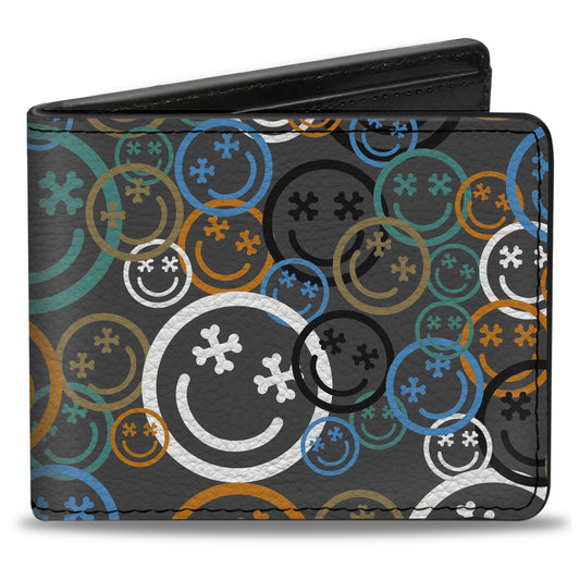 Bi-Fold Wallet - Smiley Face Crossbones Stacked Gray/Multi Color