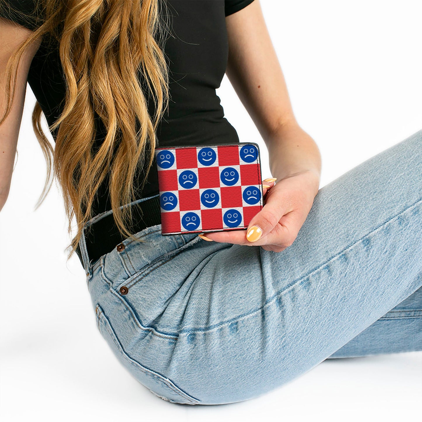 Bi-Fold Wallet - Smiley Sad Face Checker Red/White/Blue