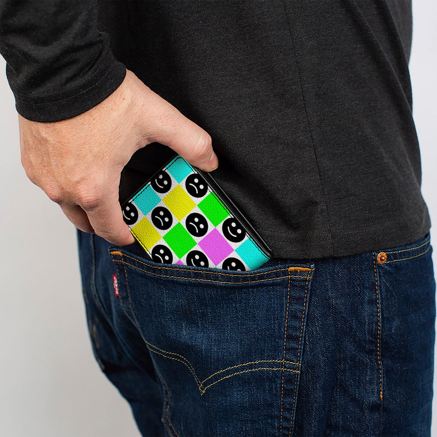 Bi-Fold Wallet - Smiley Sad Face Checker Multi Color/White