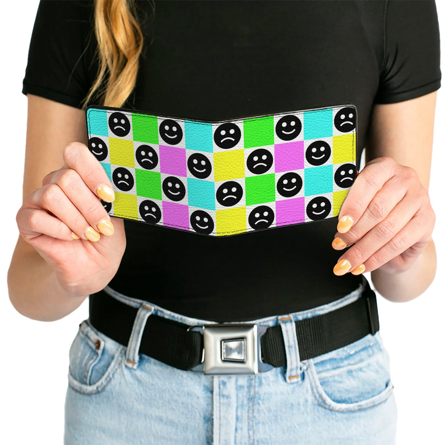 Bi-Fold Wallet - Smiley Sad Face Checker Multi Color/White