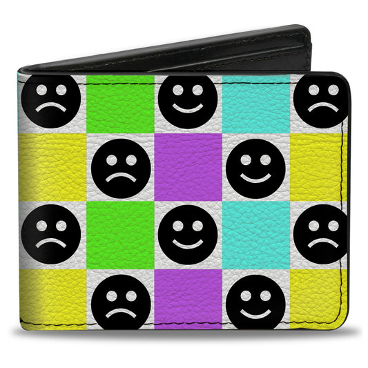 Bi-Fold Wallet - Smiley Sad Face Checker Multi Color/White