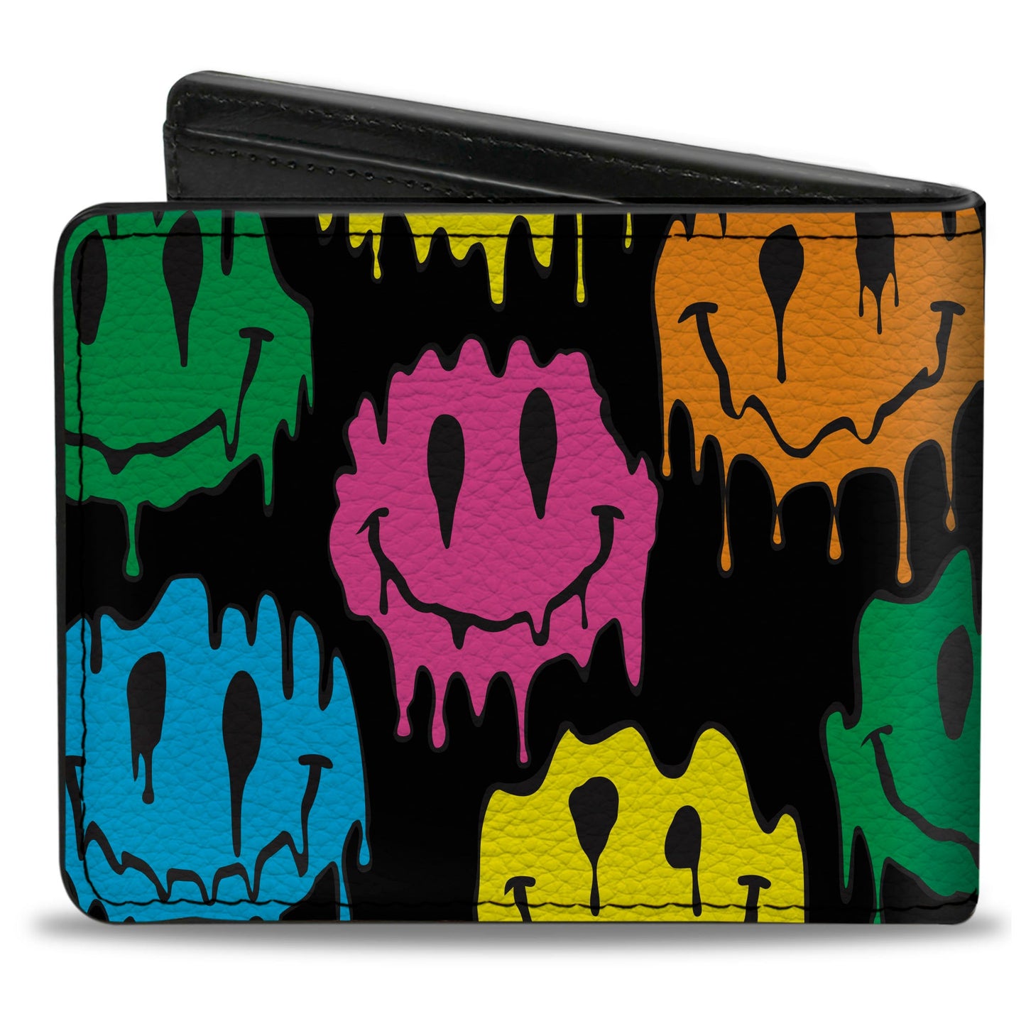 Bi-Fold Wallet - Smiley Face Melted Repeat Black Multi Neon