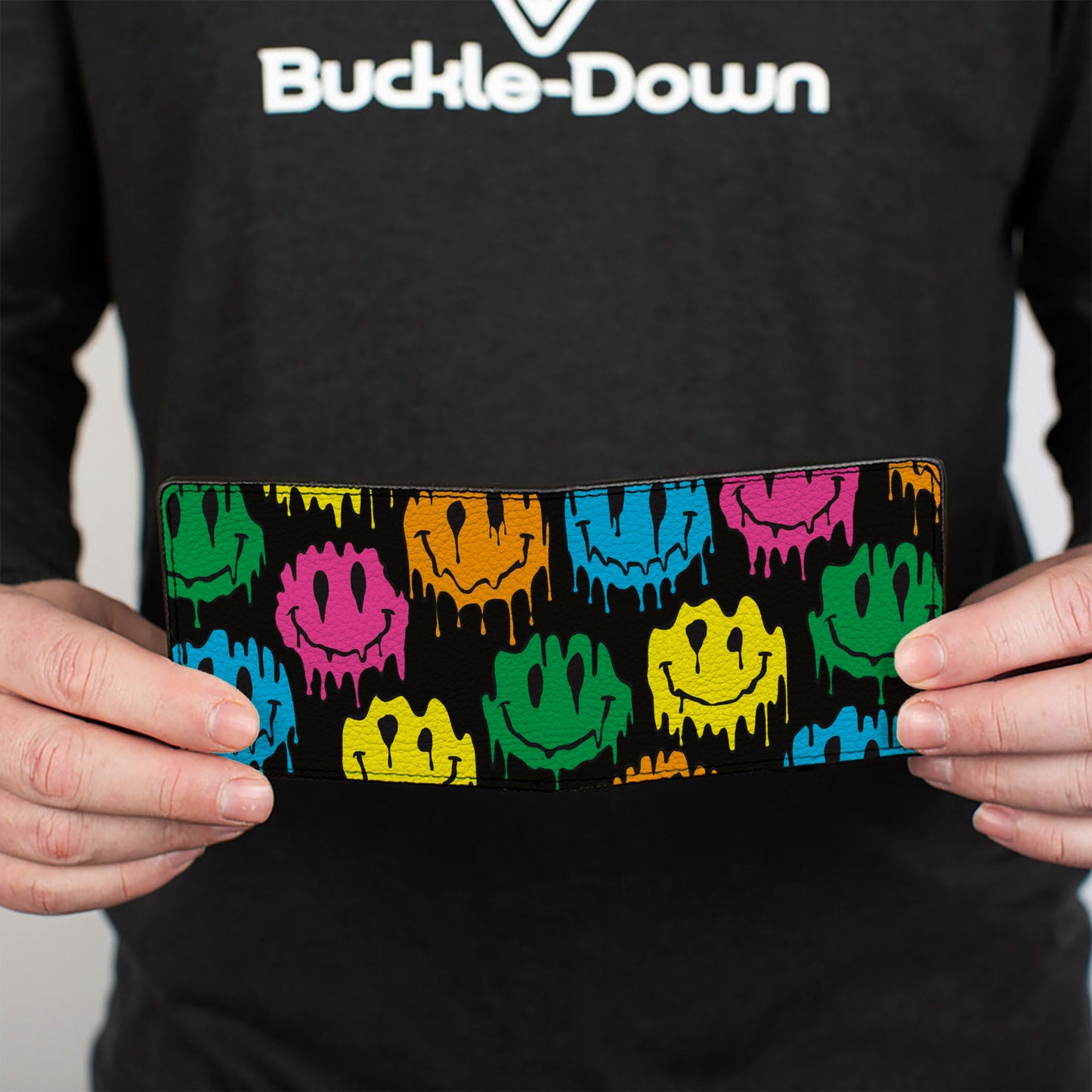 Bi-Fold Wallet - Smiley Face Melted Repeat Black Multi Neon