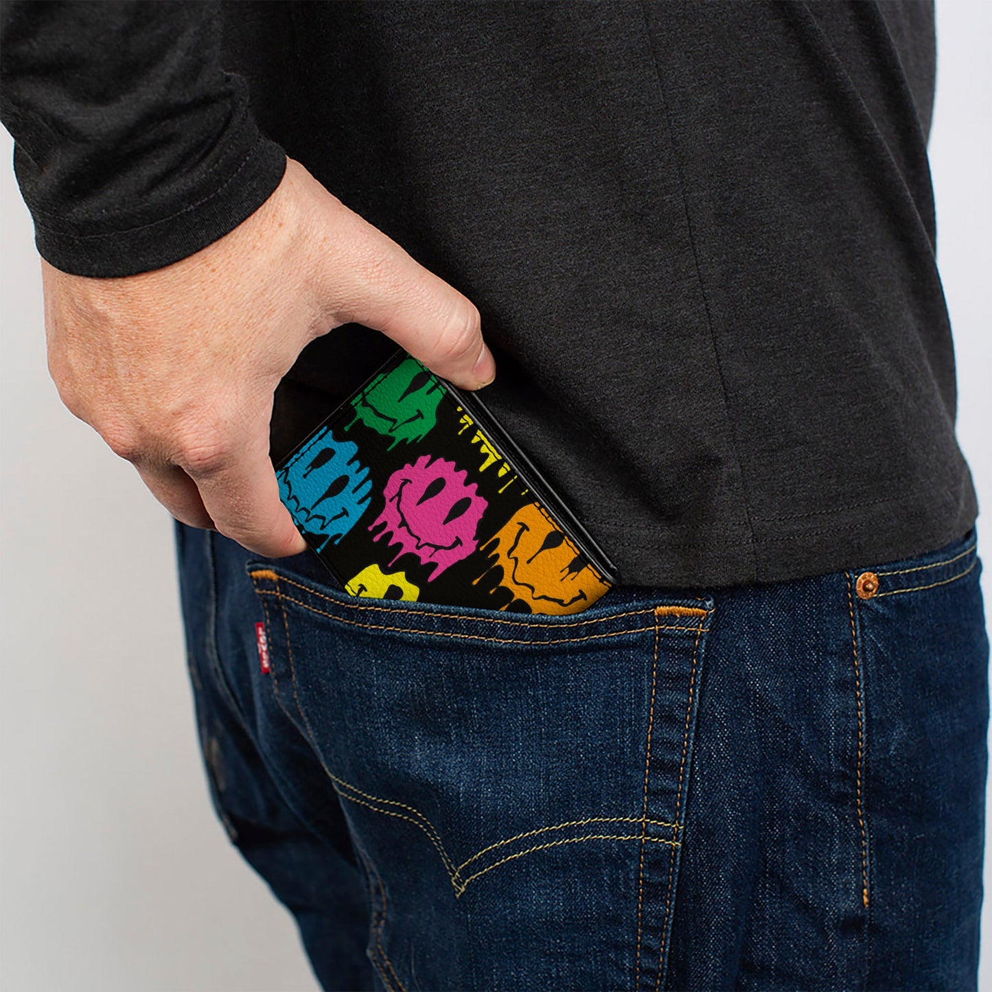 Bi-Fold Wallet - Smiley Face Melted Repeat Black Multi Neon