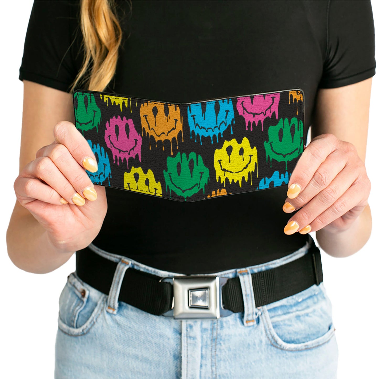 Bi-Fold Wallet - Smiley Face Melted Repeat Black Multi Neon