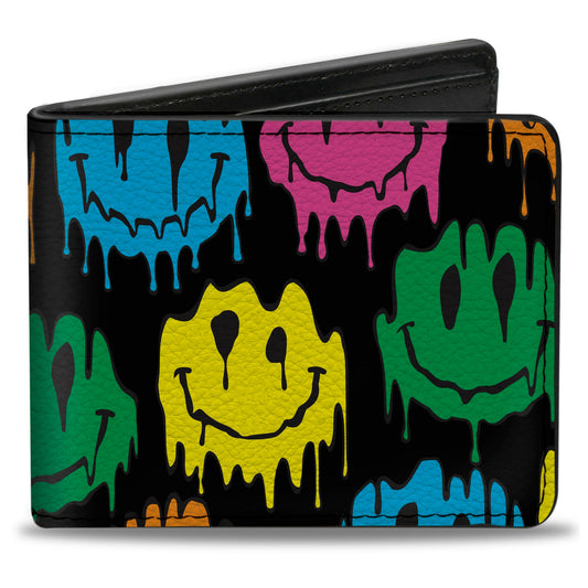 Bi-Fold Wallet - Smiley Face Melted Repeat Black Multi Neon