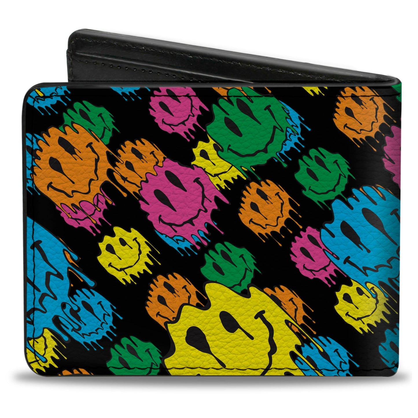Bi-Fold Wallet - Smiley Faces Melted Stacked Black Multi Neon