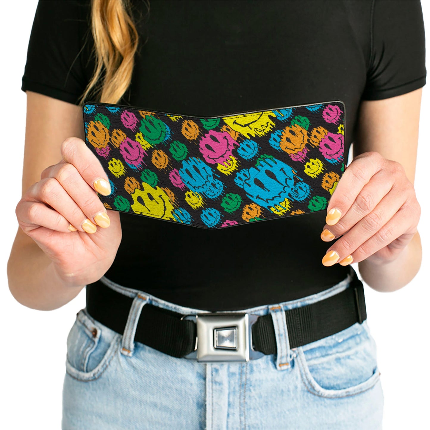 Bi-Fold Wallet - Smiley Faces Melted Stacked Black Multi Neon