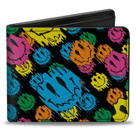 Bi-Fold Wallet - Smiley Faces Melted Stacked Black Multi Neon