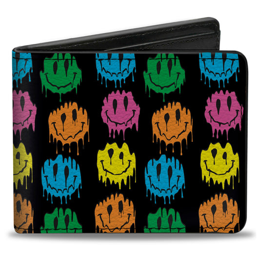 Bi-Fold Wallet - Smiley Faces Melted Mini Repeat Black Multi Neon