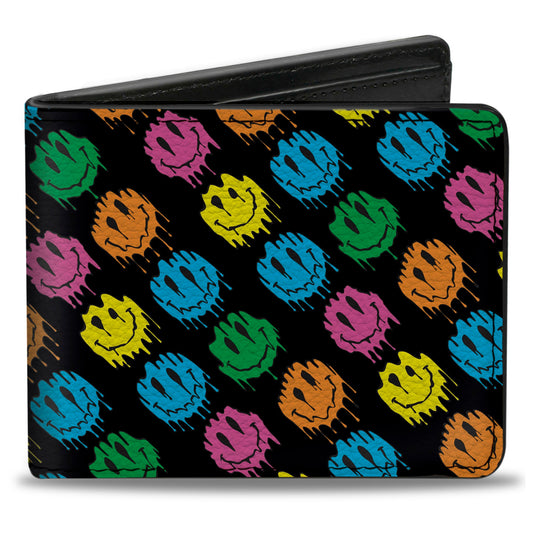 Bi-Fold Wallet - Smiley Faces Melted Mini Repeat Angle Black Multi Neon