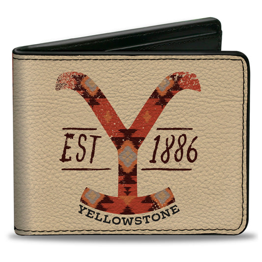 Bi-Fold Wallet - Yellowstone Dutton Ranch EST 1886 and Native American Pattern Multi Color/Beige
