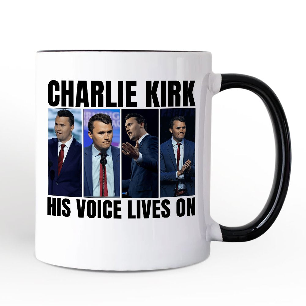 His Voice Lives On Charlie Kirk Graphic Mug, Women or Men Patriotic Republican Gift