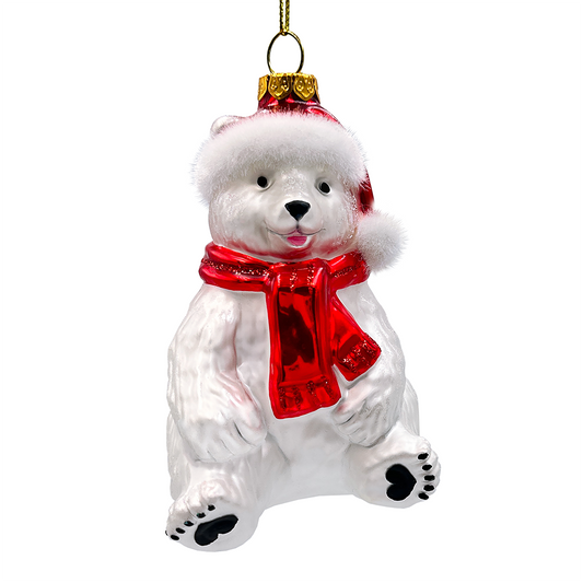 Classic White Polar Bear Glass Christmas Ornament