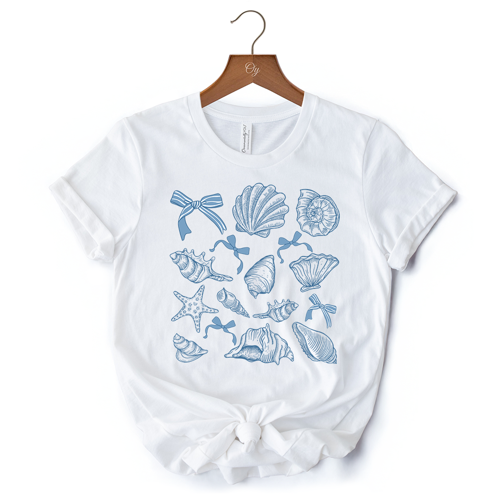 Coquette Seashell Summer Vibe T-Shirt, Natural and White Retro Beach Tee Gift for Ocean Lover
