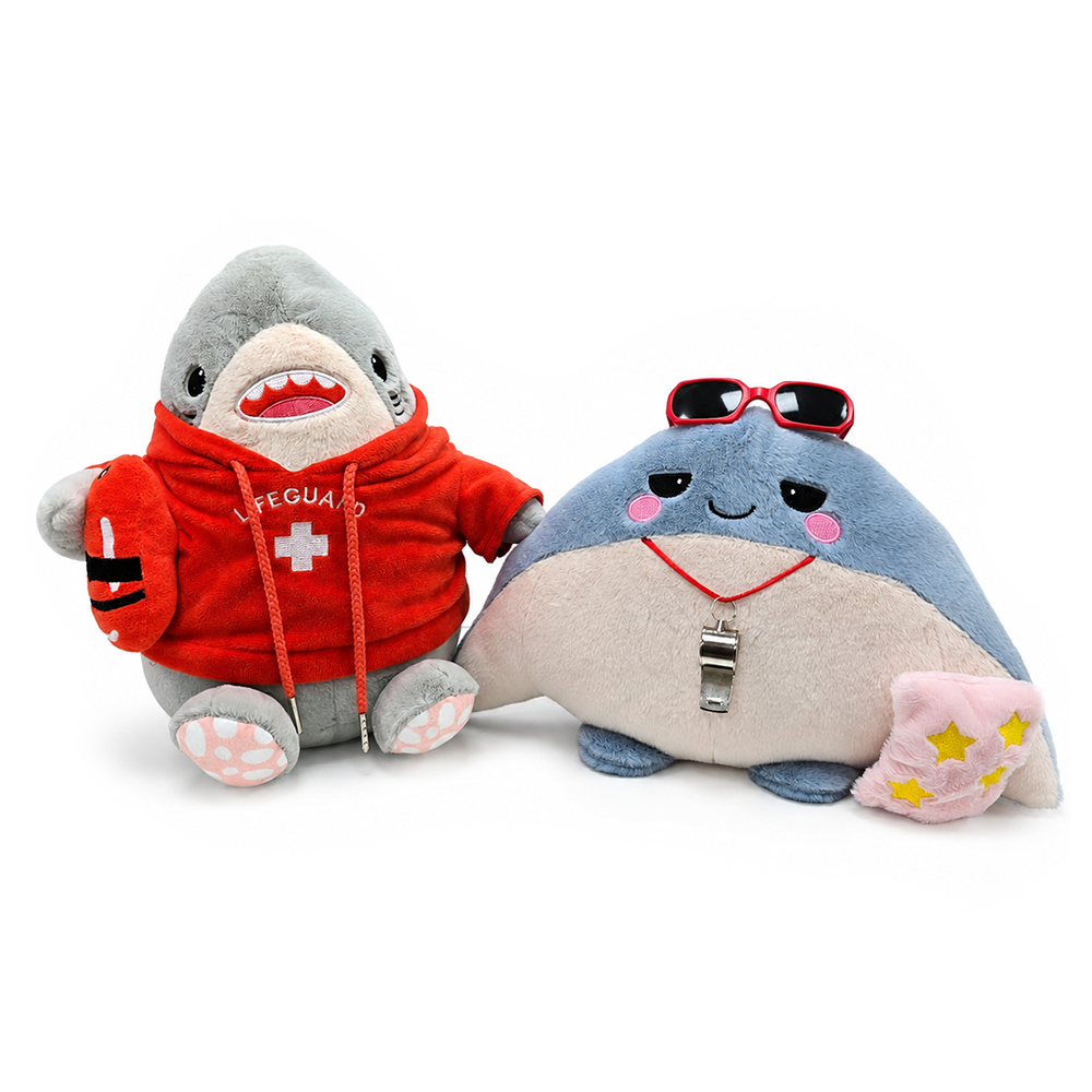 Finn Shark and Ray Stingray Lifeguard Plushie Set, 10.5" Funny Ocean Stuffed Animal Gift for Sea Life Lovers