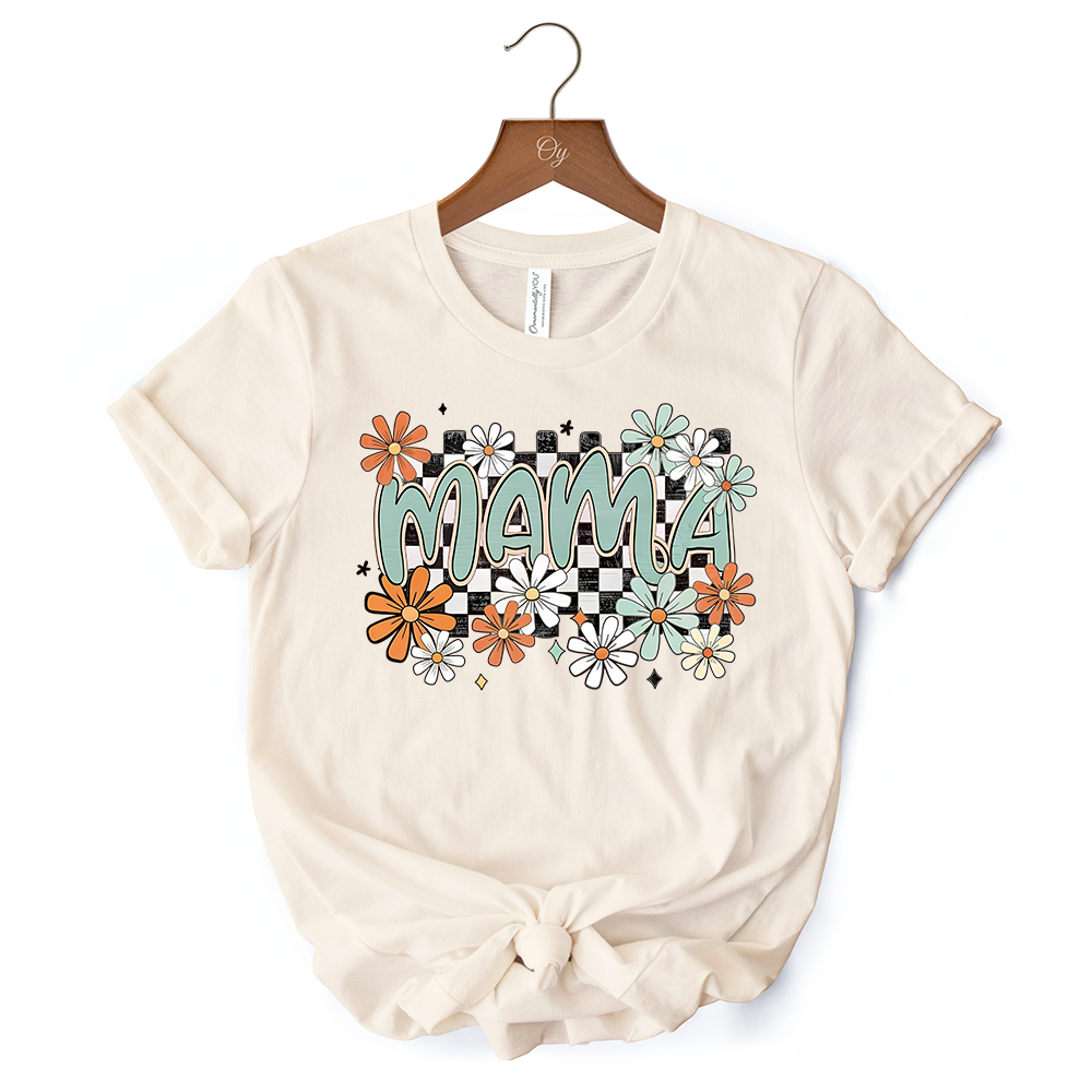 Floral Mama Checkered T-Shirt, White, Natural and Black Retro Tee for Stylish Mothers