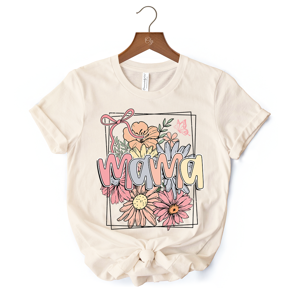Floral Mama Coquette Bow Pastel T-Shirt, White and Natural Boho Tee With Spring Flower
