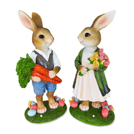 (Pre-Order) Harvest and Bloom Country Bunny Pair Figurine, 8" Rabbit Garden Statue Set