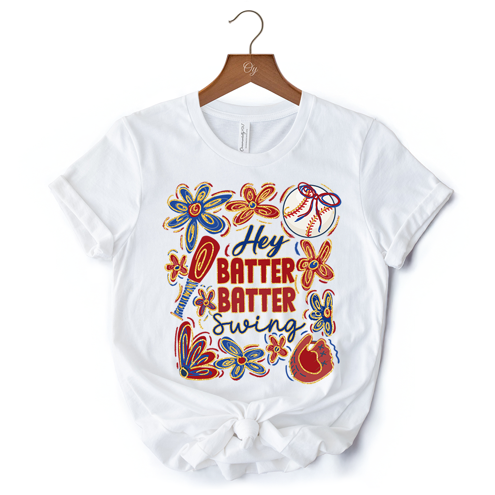 Hey Batter Batter Swing T-Shirt, Retro White and Natural Baseball Tee with Floral Accents