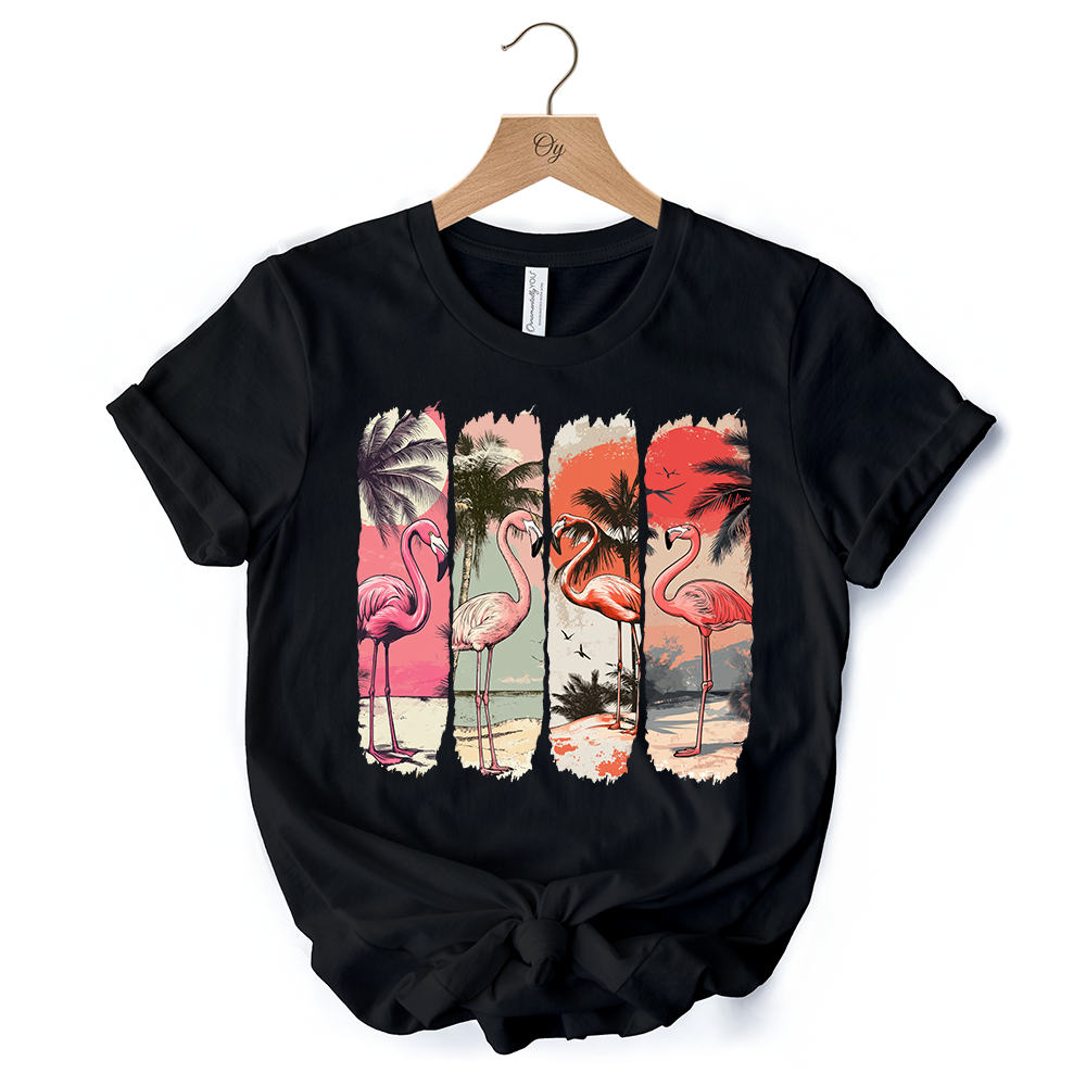 Summer Flamingo Beach T-Shirt, Retro Vacation Black Tropical Sunset Tee