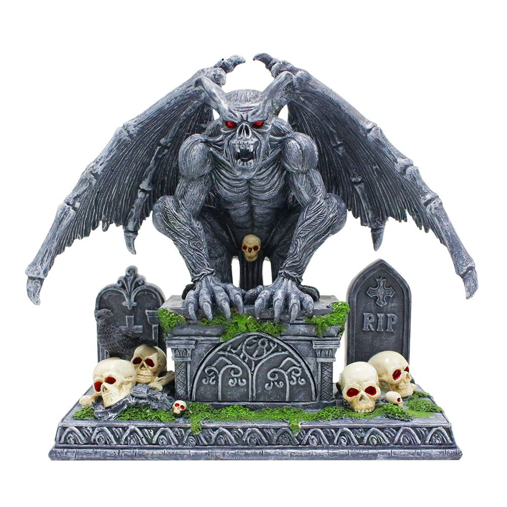 Grave Guardian Gargoyle Figurine, 7" Solar Powered Gothic Halloween Garden Statue