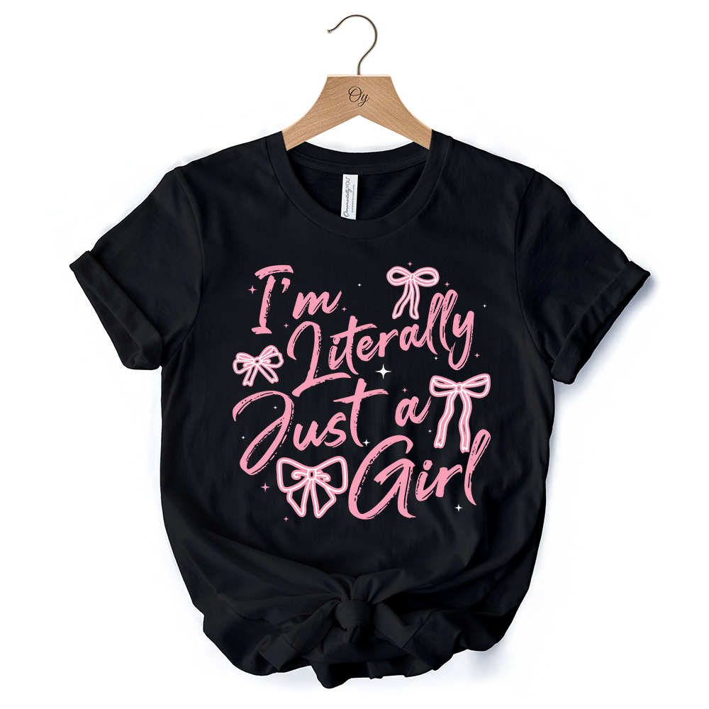 I'm Literally Just a Girl T-Shirt, Trendy White and Black Coquette Bow Tee for Girly Aesthetics