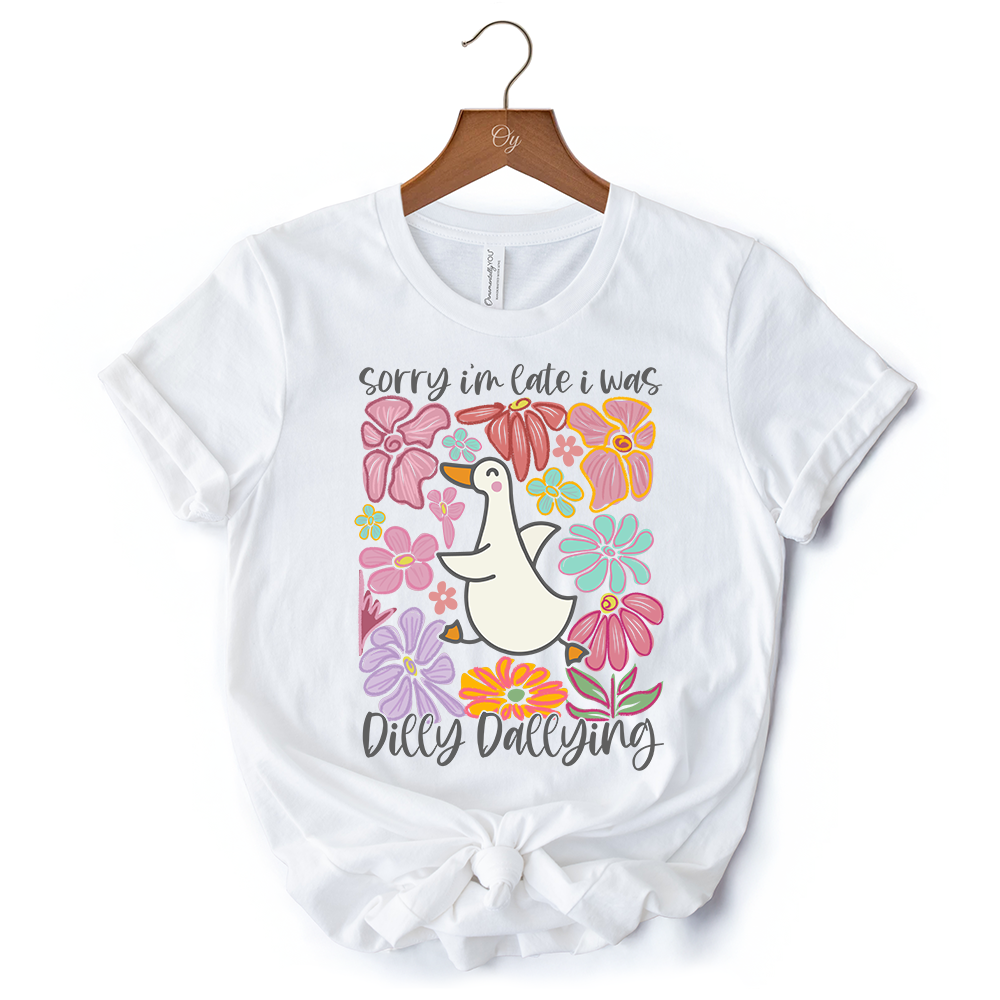 Sorry I'm Late I Was Dilly Dallying Goose T-Shirt, White and Natural Flowers Tee For Women