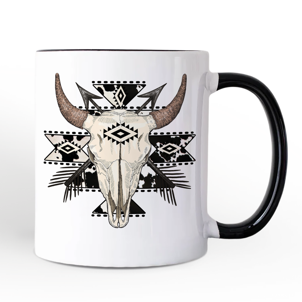 Aztec Tribal Bull Skull Personalized Mug, Western Boho Gift with Custom Name