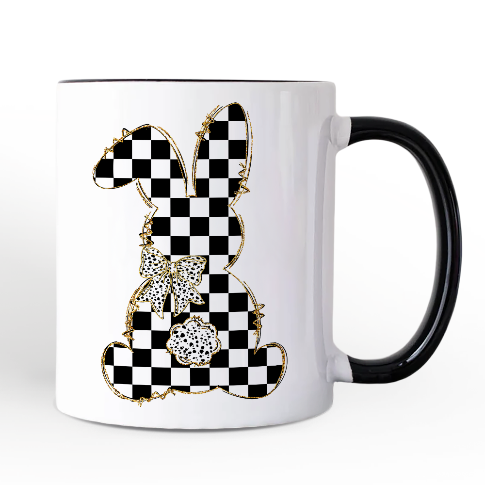Checkered Easter Bunny Coquette Personalized Mug, Stylish Spring Gift with Custom Name