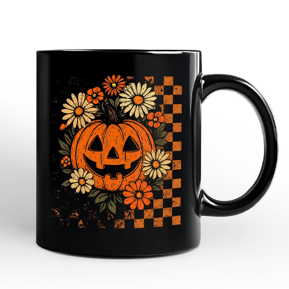 Checkered Floral Pumpkin Personalized Mug, Retro Preppy Halloween Gift with Custom Name for Spooky Season Vibes
