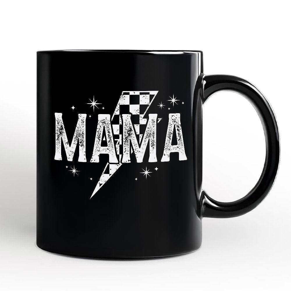 Checkered Lightning Bolt Mama Personalized Mug, Vintage Retro Black and White Gift with Custom Name for Energetic Moms