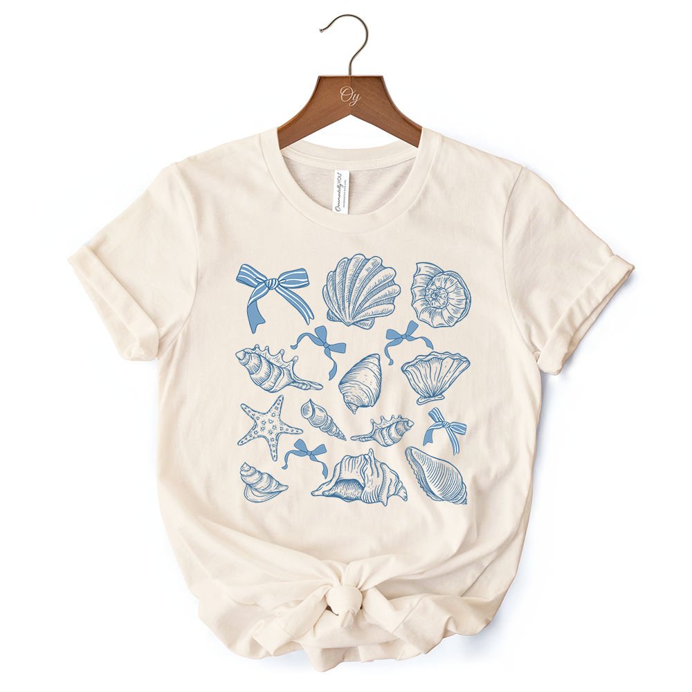 Coquette Seashell Summer Vibe T-Shirt, Natural and White Retro Beach Tee Gift for Ocean Lover