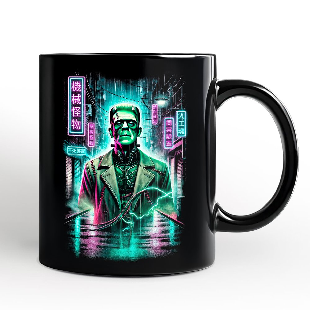 Cyberpunk Frankenstein Personalized Mug, Neon Halloween Monster Gift with Custom Name