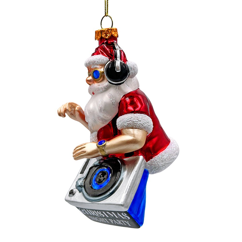 DJ Santa Spinning Christmas Party Glass Ornament, Headphones and Music Star Hipster Tree Decor