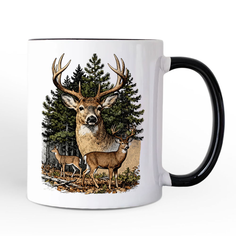 Forest Deers Vintage Grunge Personalized Mug, Retro Hunter Gift with Custom Name
