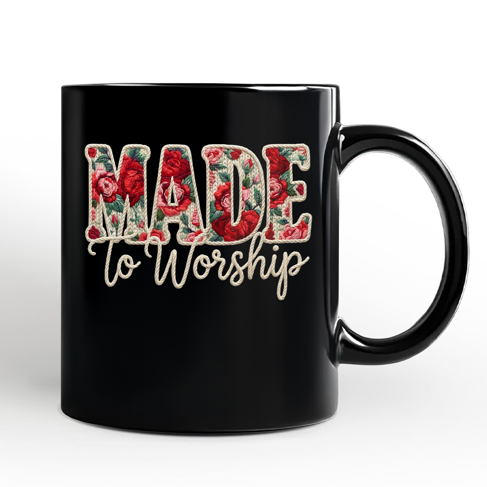 Made to Worship Printed Faux Yarn Crochet Christian Personalized Mug, Floral Retro Faith Gift with Custom Name