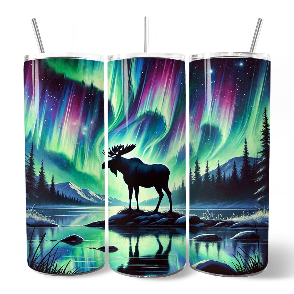 Majestic Moose Under Northern Lights 20oz Personalized Tumbler With Lid and Stainless Steel Straw