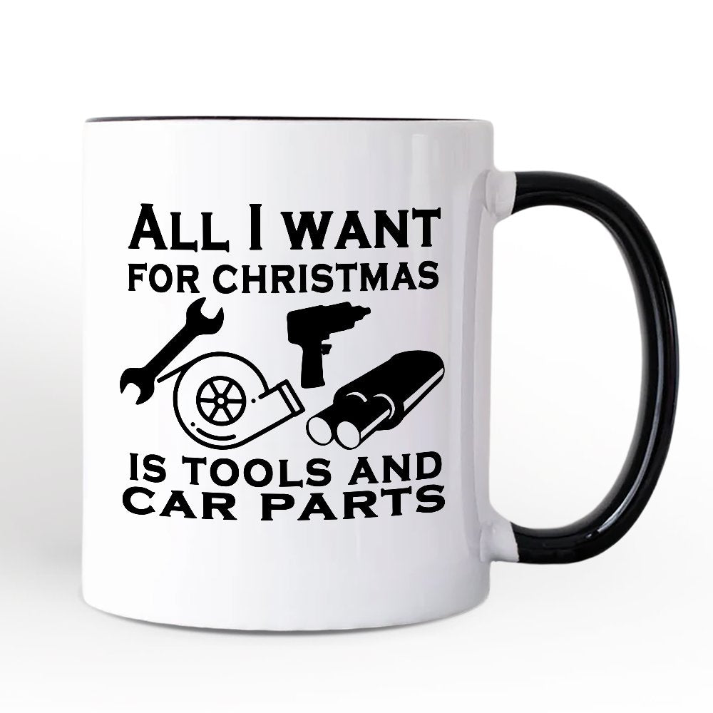 Mechanic Tools & Car Parts Christmas Personalized Mug, All I Want for Christmas Garage Quote Gift with Custom Name