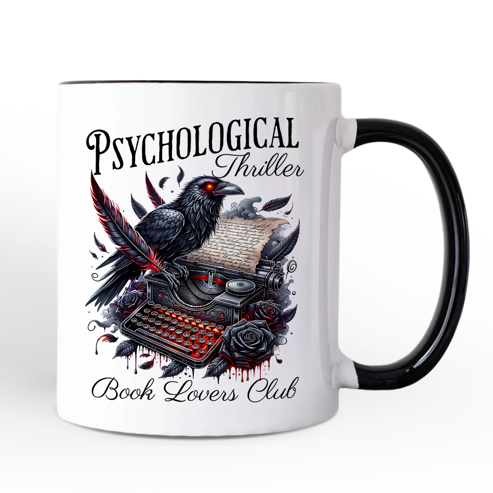 Psychological Thriller Book Lovers Club Personalized Mug, Gothic Raven Typewriter Bookish Gift with Custom Name