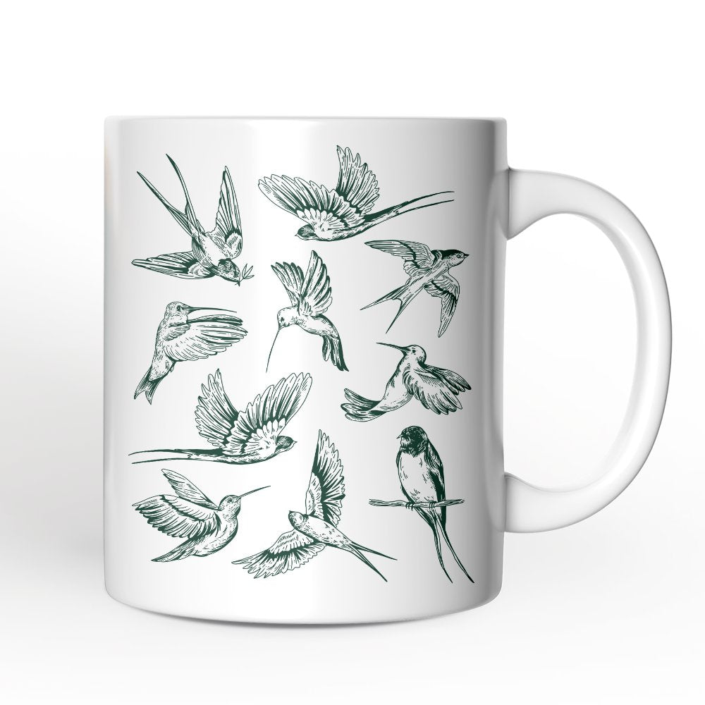 Retro Birds Nature Personalized Mug, Vintage Green Bird Illustration Gift with Custom Name