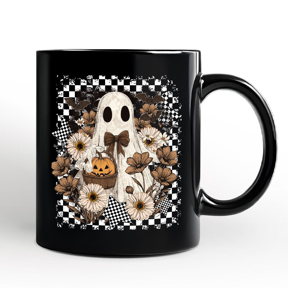 Retro Ghost Floral Halloween Personalized Mug, Spooky Vintage Checkered Gift with Custom Name