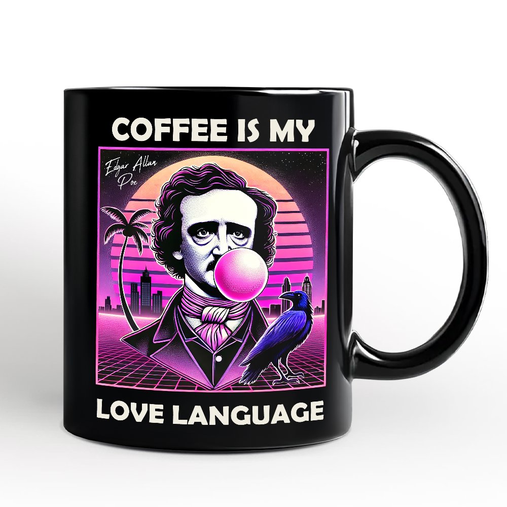 Synthwave 80's Styled Edgar Allan Poe Horror Personalized Mug, Vaperwave Classic Retro Neon Halloween Gift with Custom Name