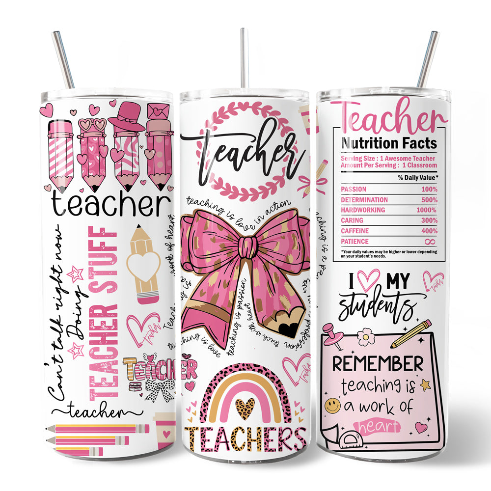 Teacher Life Pink 3D Inflated 20oz tPersonalized Tumbler With Lid and Stainless Steel Straw, Educator Appreciation Gift Cup