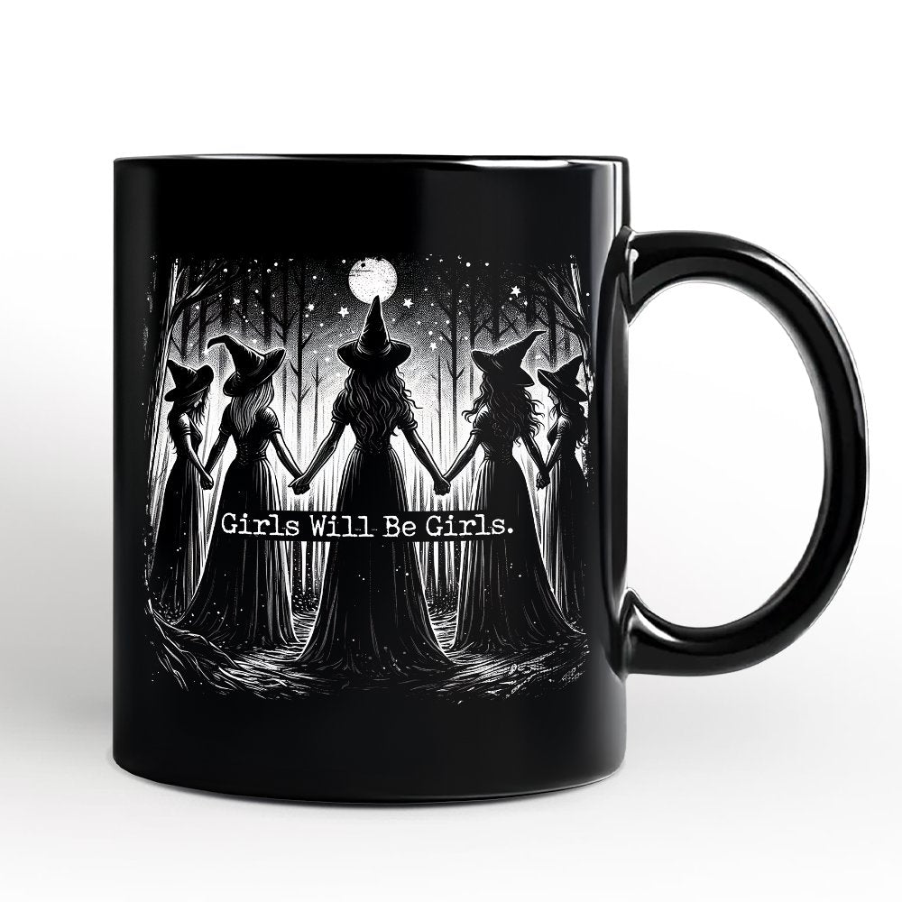 Girls Will Be Girls Personalized Mug, Spooky Witch Coven Gift with Custom Name for Empowered Women
