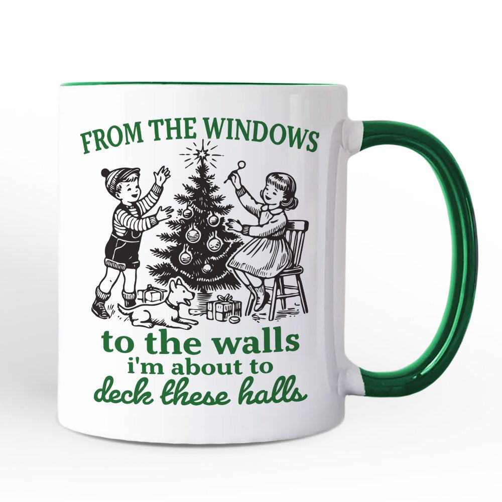 From the Windows to the Walls Deck These Halls Personalized Mug, Funny Vintage Christmas Gift with Custom Name